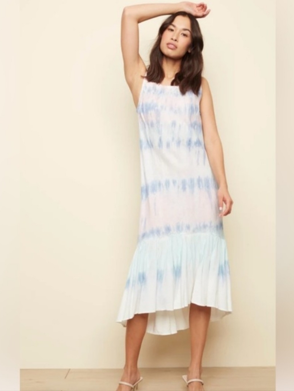 Charlie B Tie-Dye Sleeveless Linen Dress Size M Blue Pink Ruffle Hem NWT